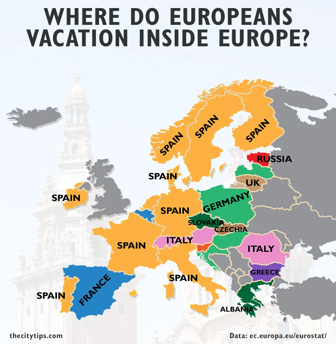 Map over where European citizens go for vacation in Europe
