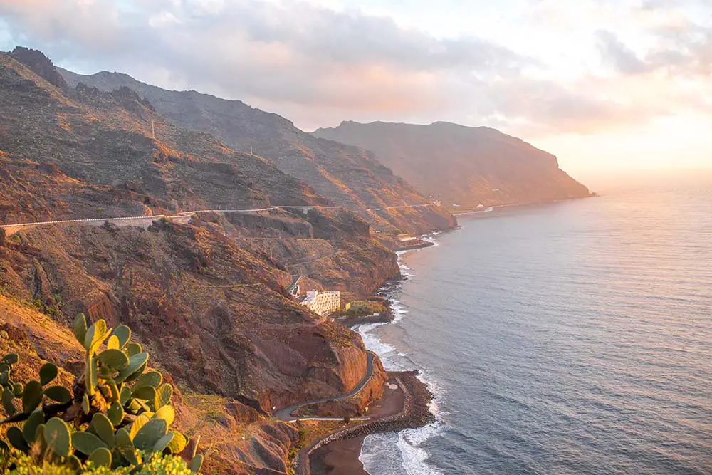 Aerial photo of the coastline in Anaga Rural park during sunset