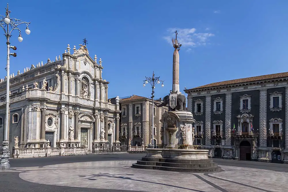 Piazza del Duomo (Cathedral Square) with the Cathedral of Santa Agatha and the Elephant Sculpture Fountain.
